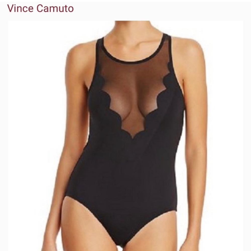 Vince Camuto black scalloped one piece bathing suit NWT